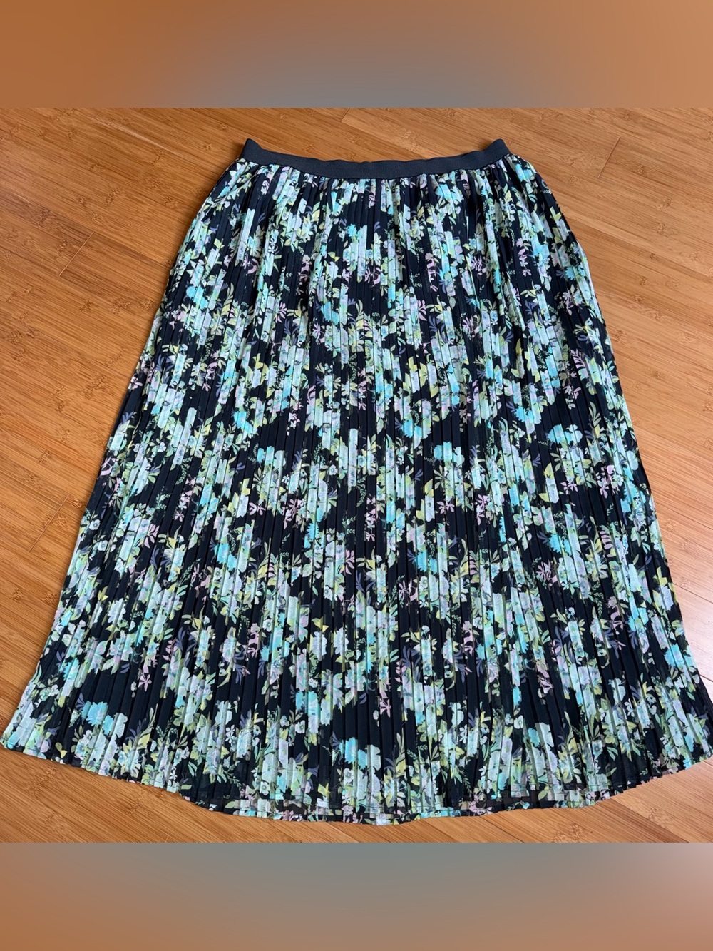LC Lauren Conrad Floral Pleated Midi Skirt Womens XL Blue Pull On Boho